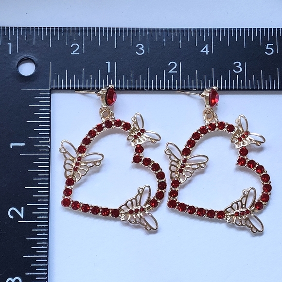 Gold with Red Crystals Heart and Butterfly Earrings - Picture 3 of 4